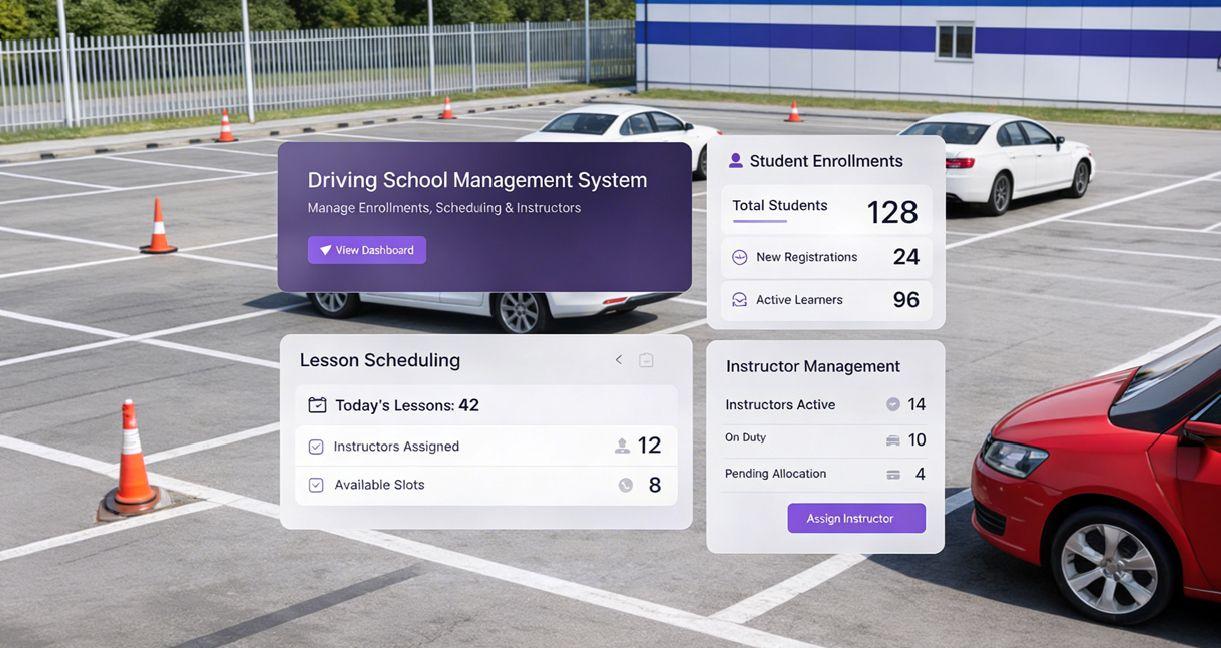 Driving school management system dashboard showing student enrollments, lesson scheduling, and instructor management during peak enrollment season