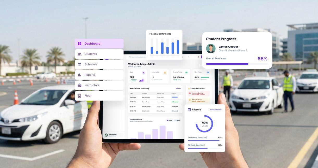 Driving school management software dashboard showing student progress, scheduling, reports, and instructor management on a tablet